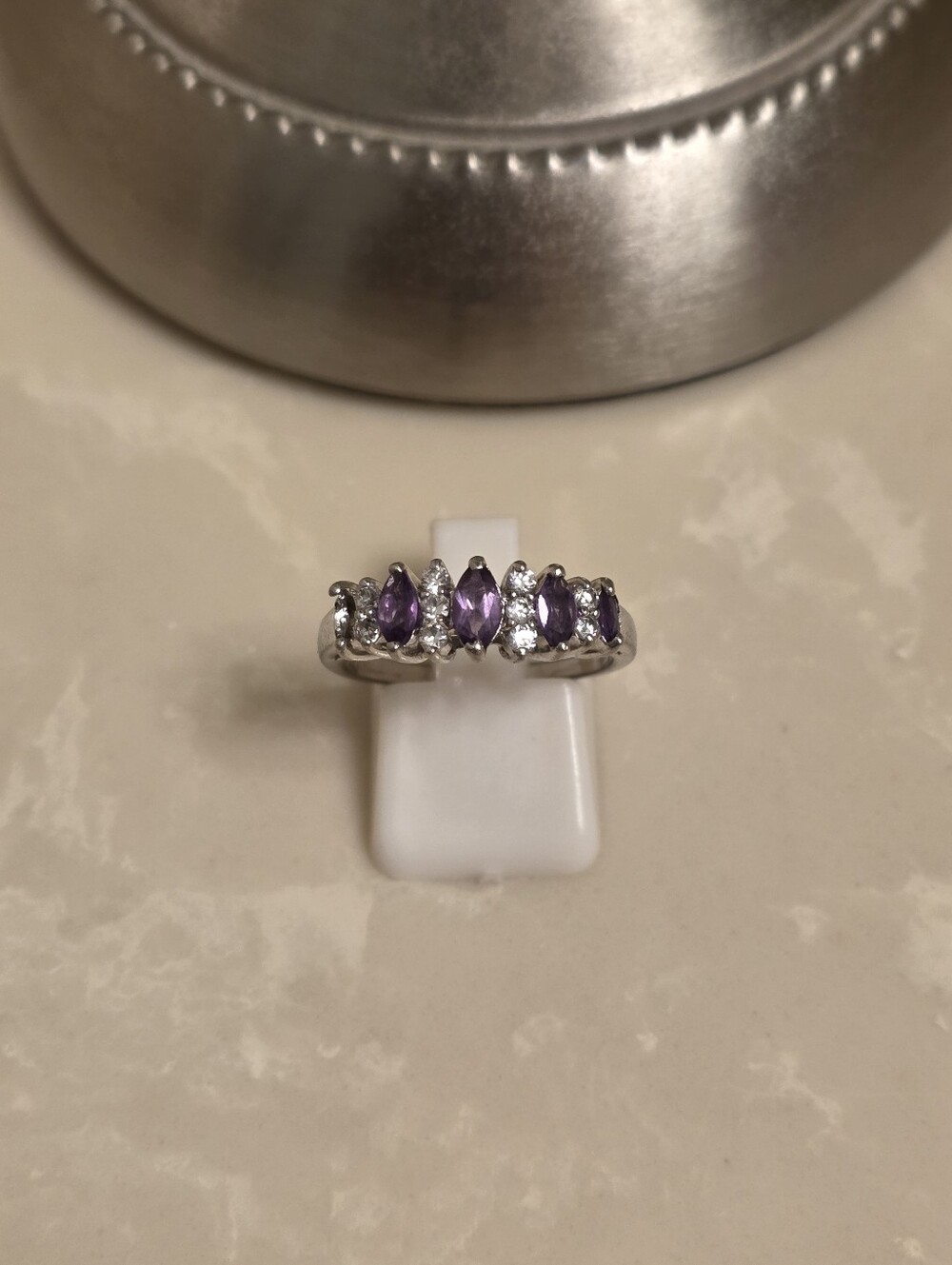 Silver CZ and Amethyst Ring Band Size 8